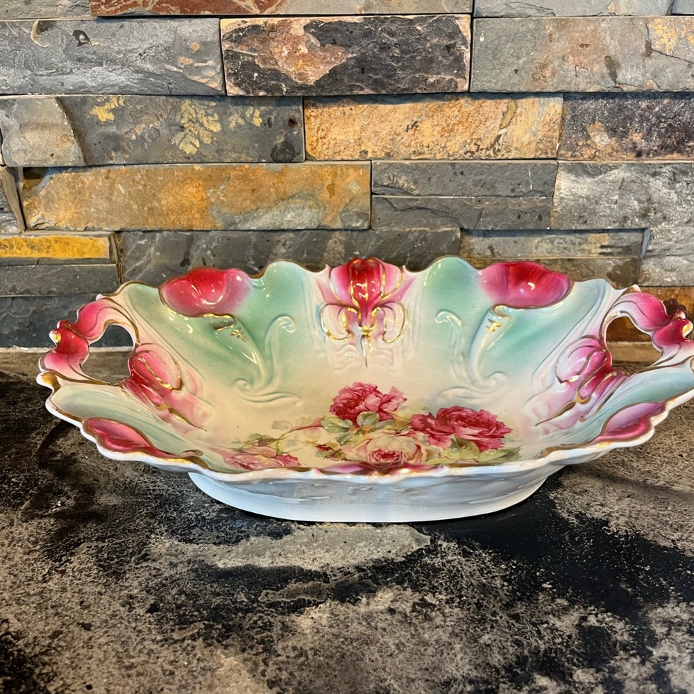R S Prussia Unmarked Serving Oval Bowl Red White Floral Gold Trim embossed